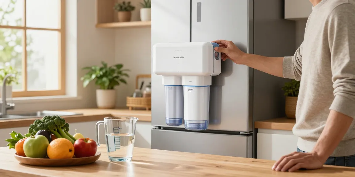 Person examining the Waterdrop Plus RPWF Refrigerator Water Filter in a bright kitchen, emphasizing healthy living.