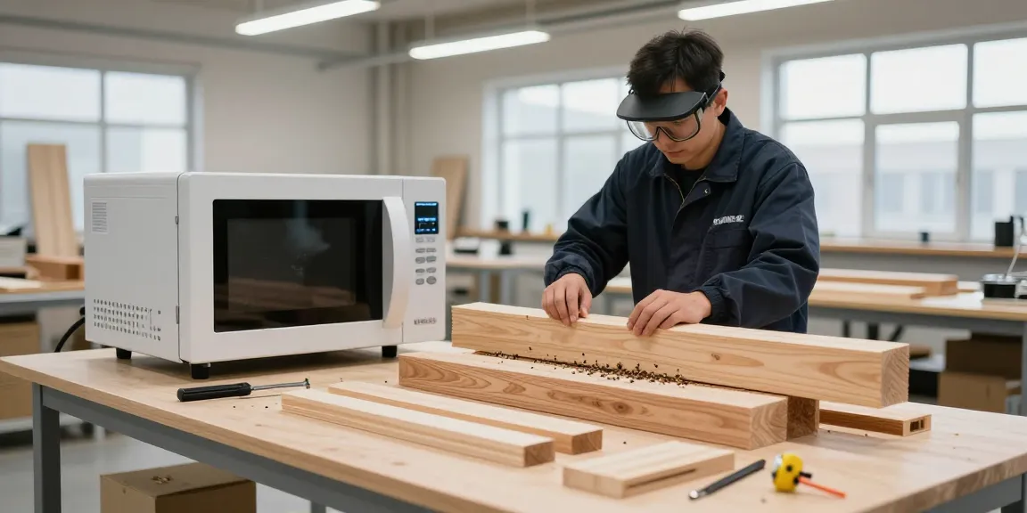 SHASHEL® microwave device eliminating wood-boring insects in a workshop.