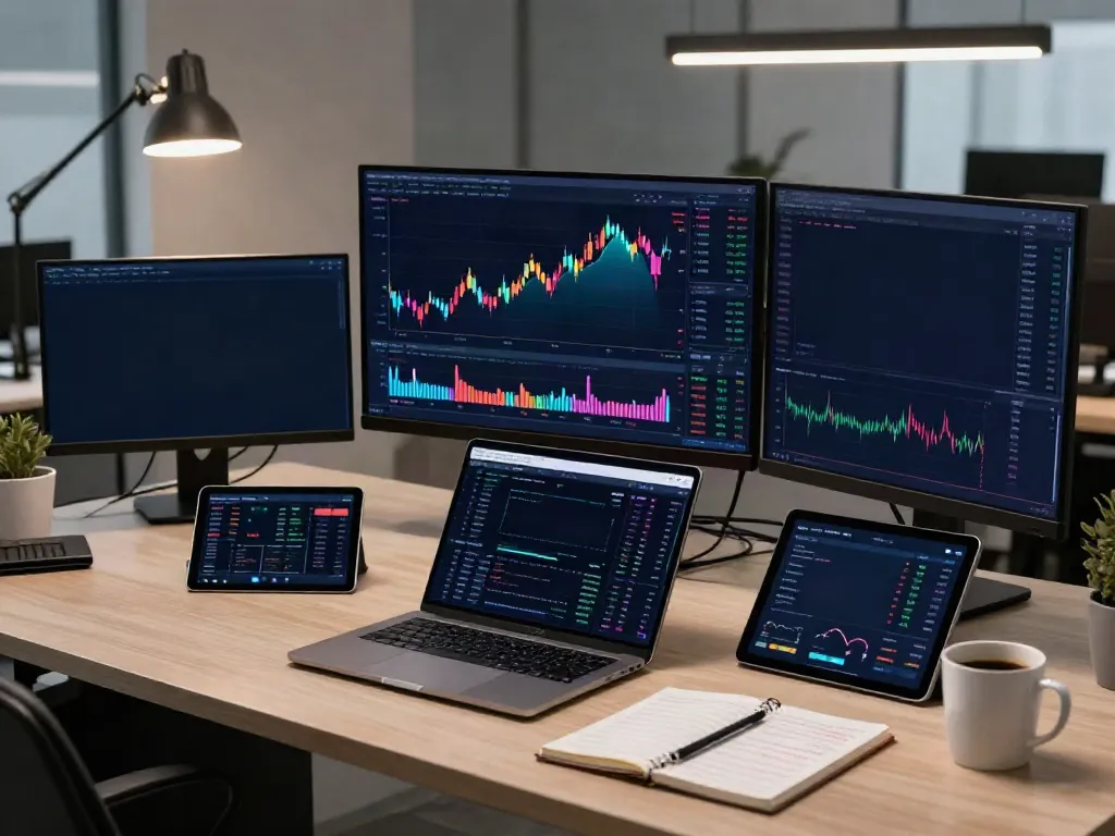 yfinance alternative stock trading workspace with advanced crypto analytics, monitors displaying financial data