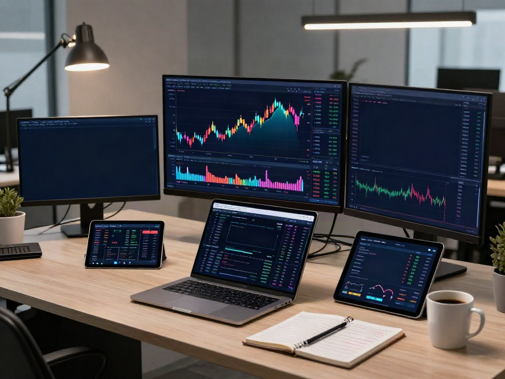 yfinance alternative stock trading workspace with advanced crypto analytics, monitors displaying financial data