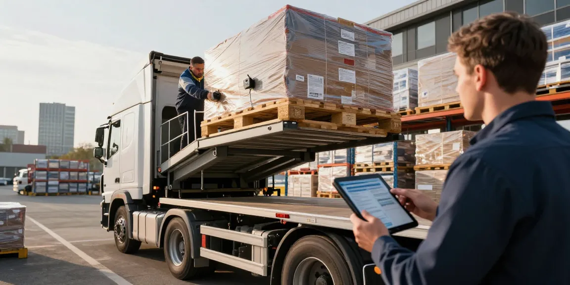 LKW Spedition in Dortmund: Fahrer lädt Waren auf Lkw im urbanen Umfeld für effiziente Transporte.