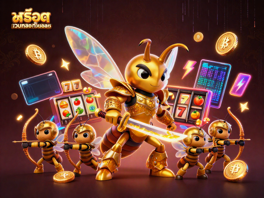 Explore สล็อตเว็บตรงทั้งหมด with a vibrant 3D gaming scene, showcasing dynamic elements and casino excitement.