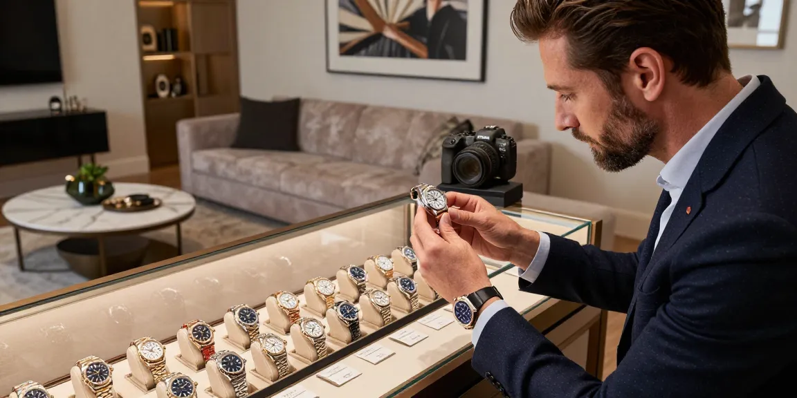 Luxury collector examining replica watches in a sophisticated home setting, showcasing quality craftsmanship and elegant design.
