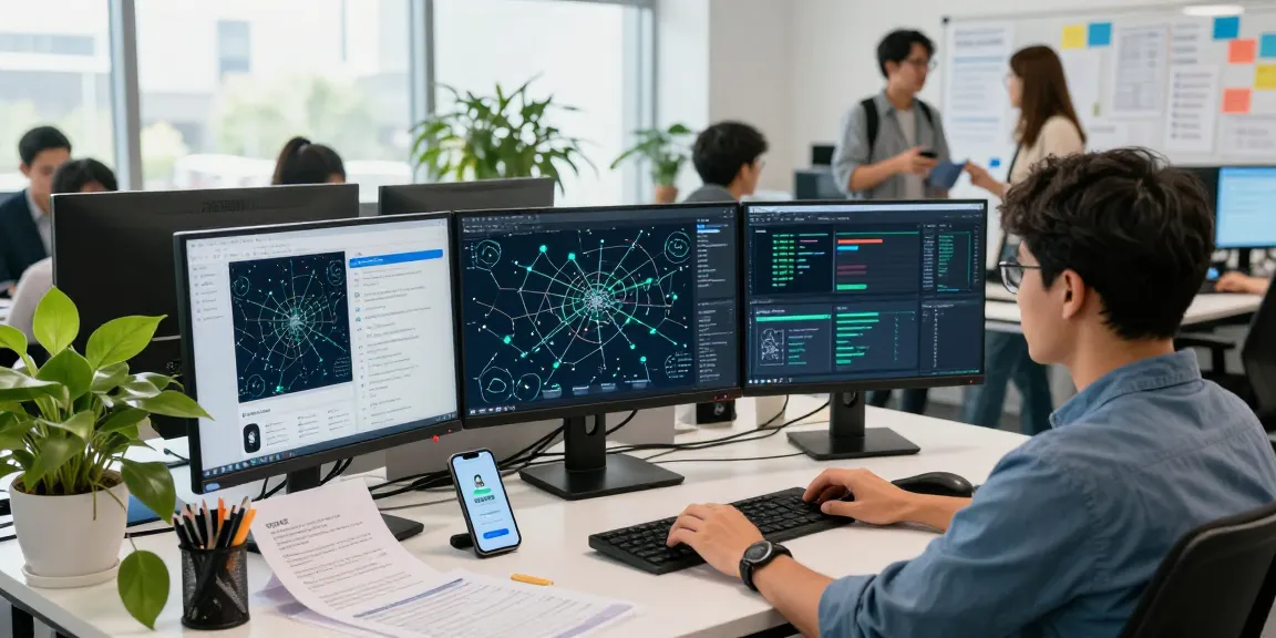 快连 network connectivity setup in a modern tech workspace with screens and collaborative discussions.