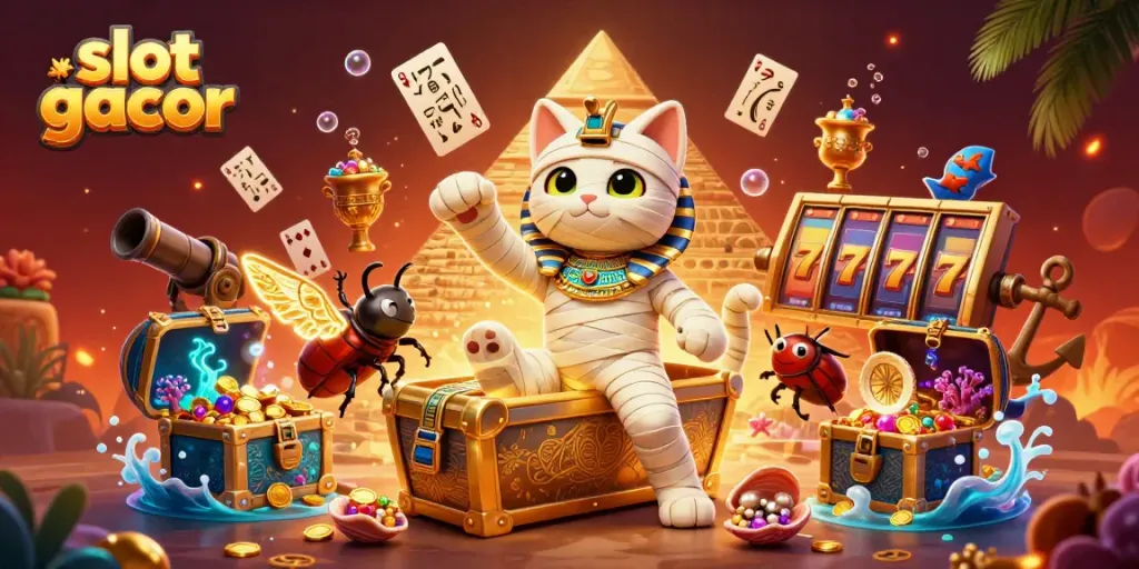 Gambar slot gacor dengan karakter mummy dan scarab, simbol-simbol jackpot berkilau.