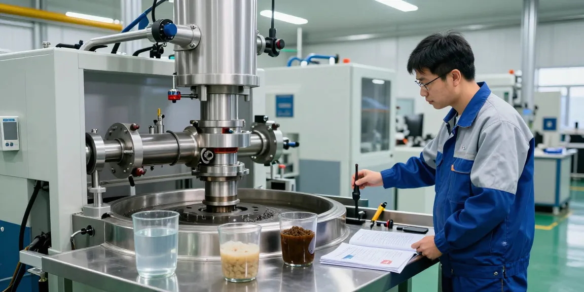 Advanced sludge dewatering centrifuge inspected by engineer in industrial setting