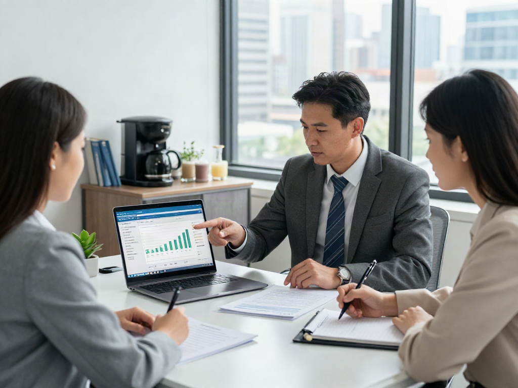 Superfund accountant advising clients during consultation with financial documents and compliance software in a professional office.
