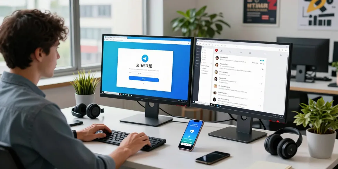Focused professional exploring 纸飞机中文版 on dual monitors in a modern office setup.