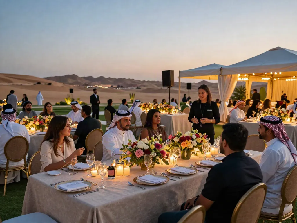 Event rental ksa showcasing a sophisticated outdoor event setup with rental tents and elegant table arrangements in Saudi Arabia.