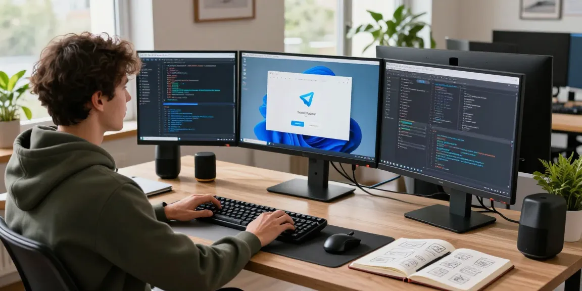 Developer focusing on 纸飞机中文版 interface in a modern workspace, surrounded by tech gadgets and natural light.