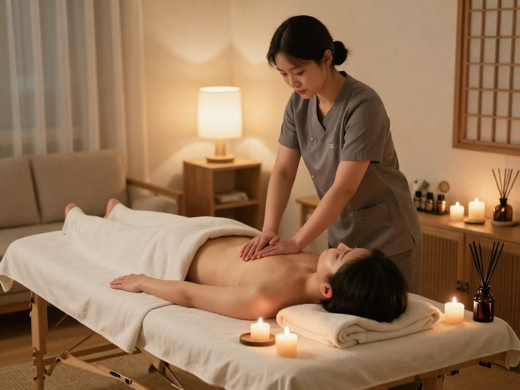 서울출장마사지 service in a relaxing home setting with therapist and client.