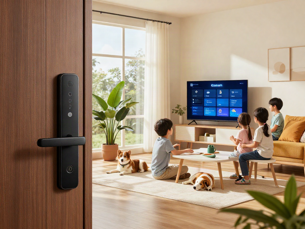 Modern smart lock قفل هوشمند on a stylish front door with a family interacting with smart devices in a cozy living room.
