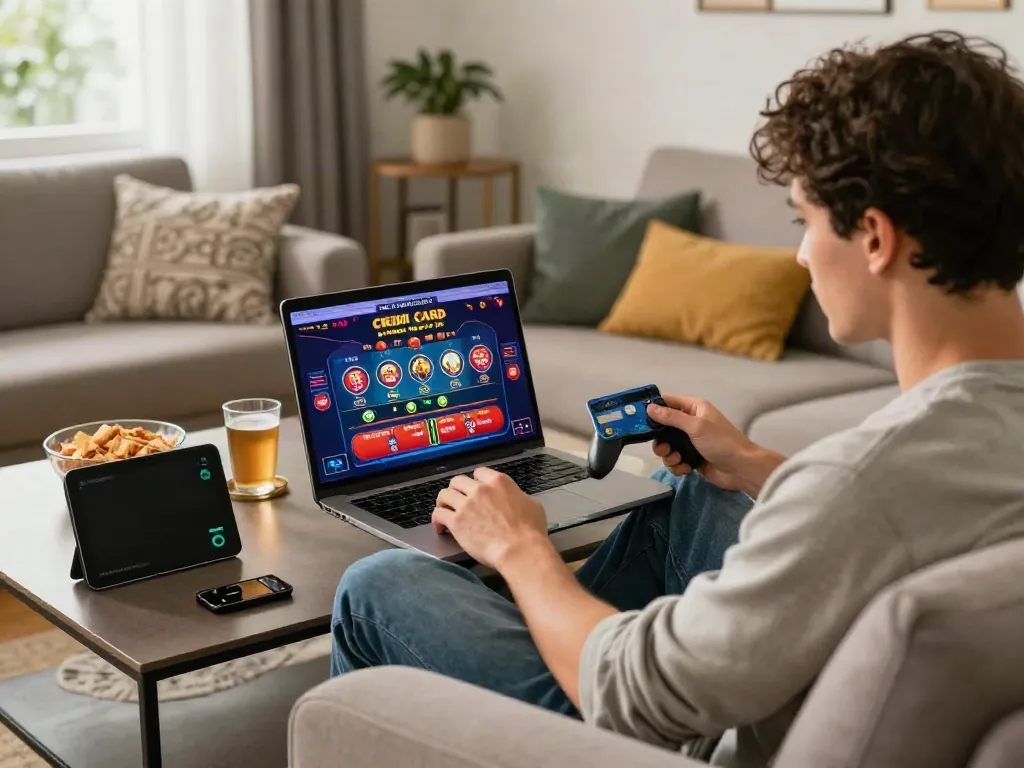 A player enjoying online credit card casinos at home, engaged with laptop and gaming props in a cozy living room.
