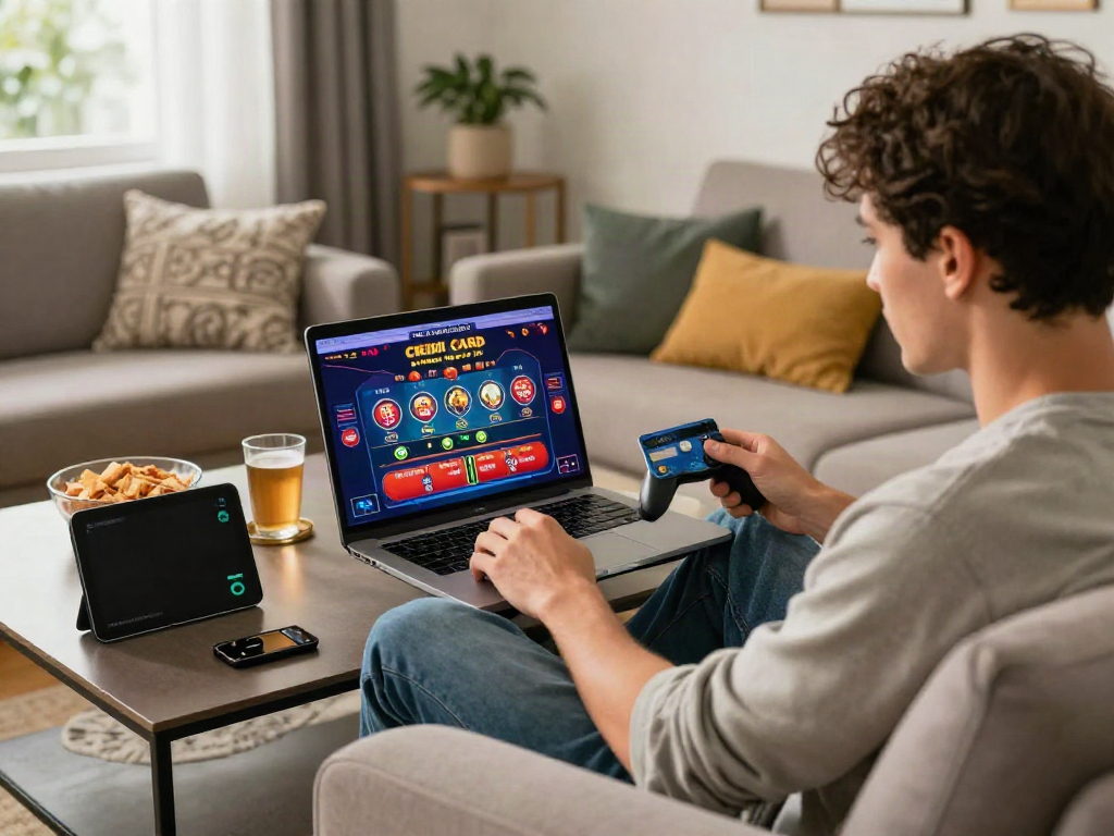 A player enjoying online credit card casinos at home, engaged with laptop and gaming props in a cozy living room.