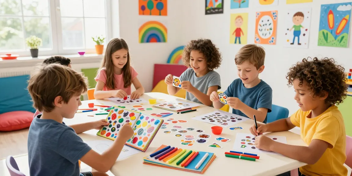 Children exploring a reusable sticker book amid colorful art supplies in a cheerful playroom.