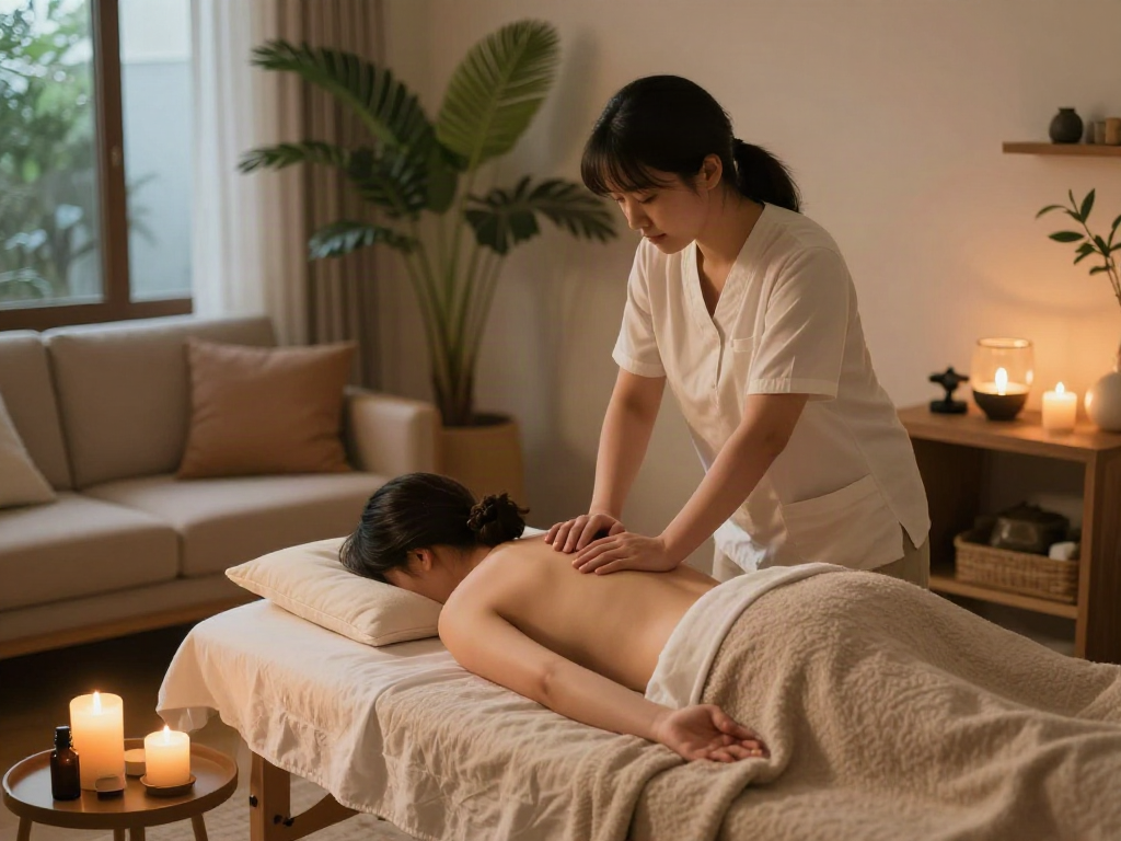 Relaxing 의정부출장안마 scene in a cozy living room with soothing ambiance.