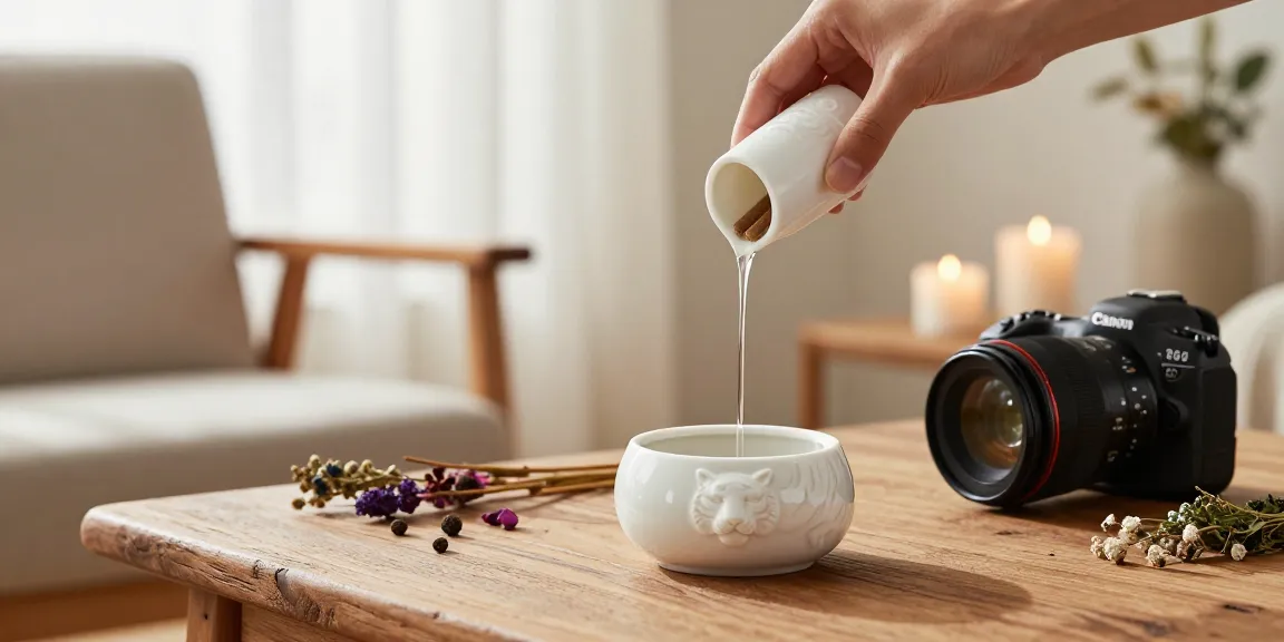 Buy White Tiger Liquid Incense being poured into a ceramic burner, surrounded by herbs, creating a calming atmosphere.