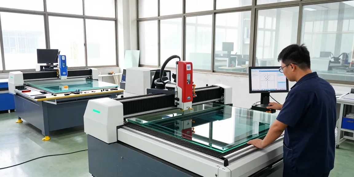 CNC glass cutting machine in a modern workshop setting with technician operating advanced equipment