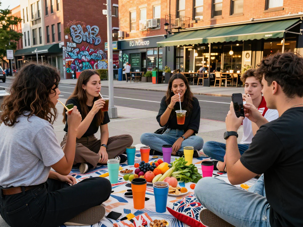 Friends enjoying a vibrant outdoor gathering featuring rokok88 products in a lively urban setting.