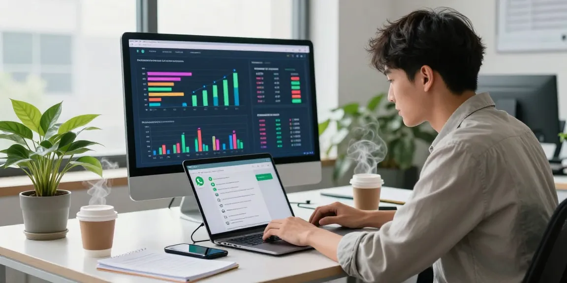 Professional using WhatsApp網頁版 on laptop in a contemporary office.