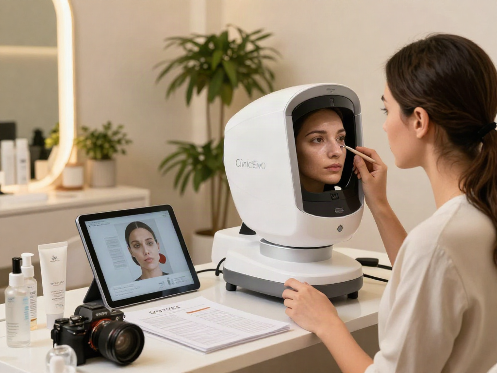 Woman analyzing facial features using ClinicEvo vs QOVES technology in a modern beauty studio.