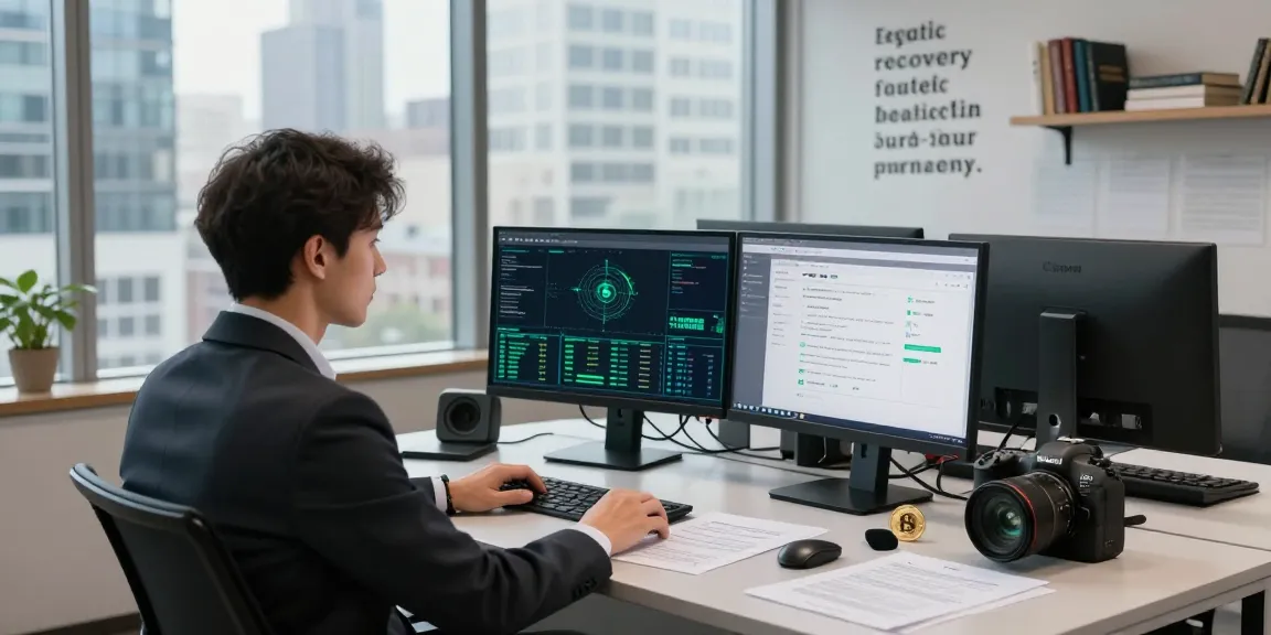 Recover lost crypto effectively in a modern office setting with professional analyzing data on multiple screens.