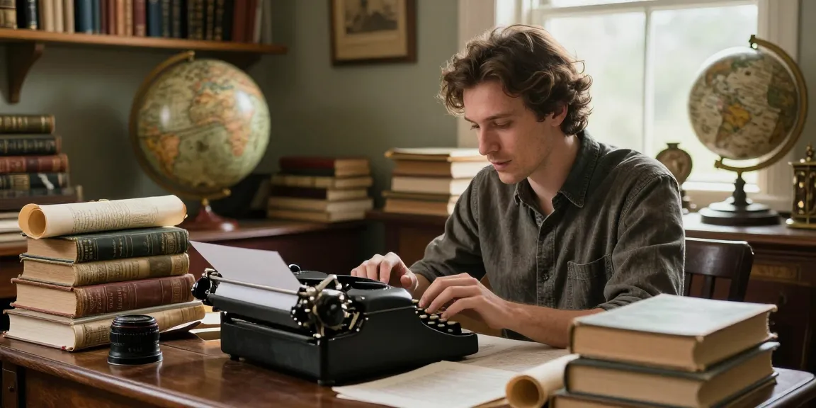 Explore historical narratives on https://tyntescastle.com with a writer in a cozy study surrounded by ancient books.