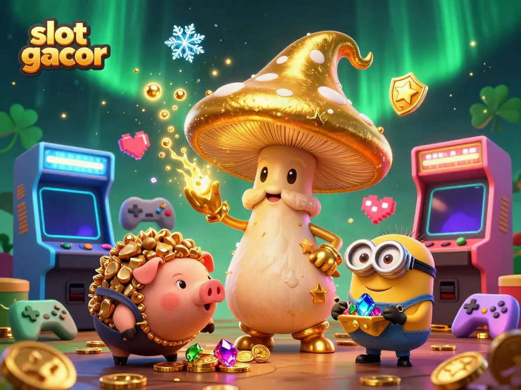 Experience winning excitement with slot gacor themed 3D illustration showcasing a wizard and treasure.