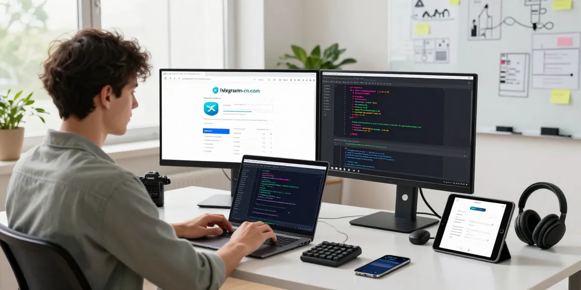 Developer analyzing telegramin-cn.com in a modern tech workspace with multiple screens and natural light.