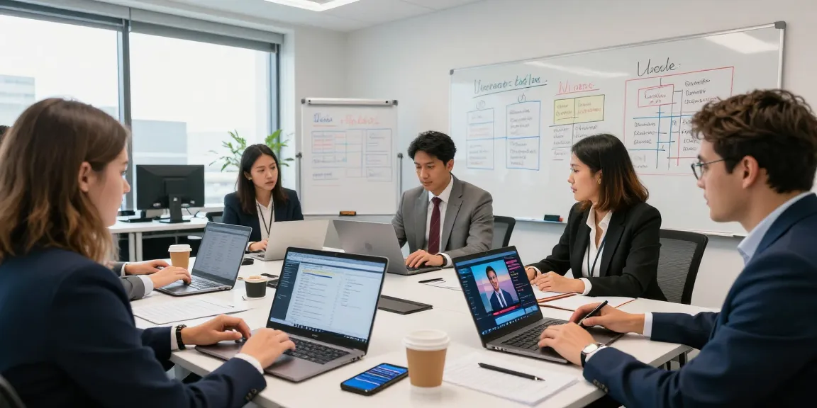Team strategizing connected TV political ads in a modern office setting, showcasing voter data and campaign performance metrics.