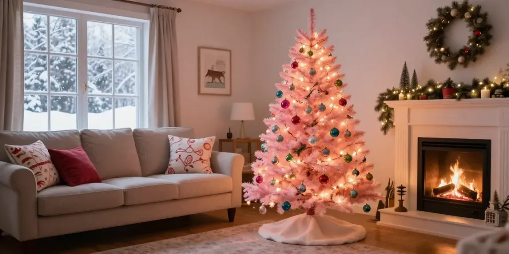 Beautifully decorated small pink Christmas tree in a cozy living room setting.