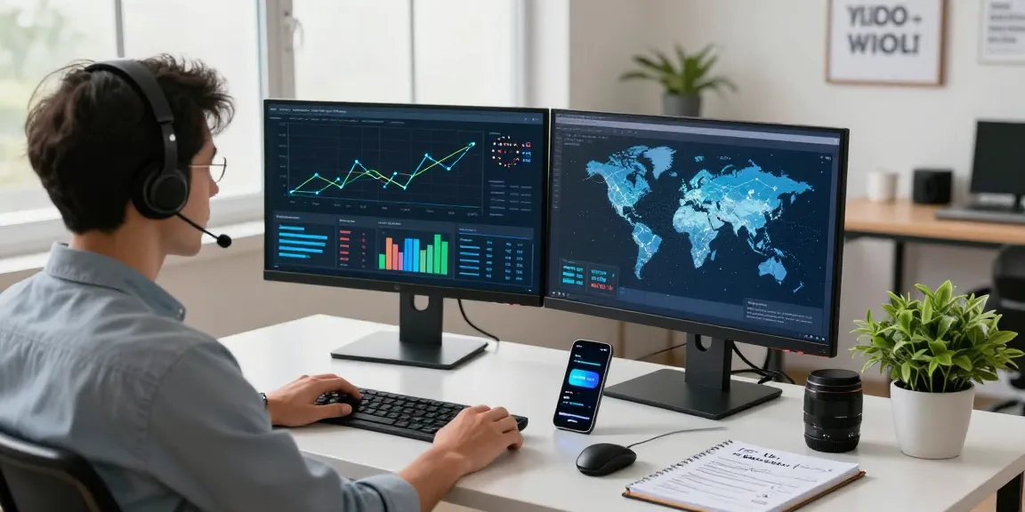 快连 providing seamless network acceleration in a modern workspace with dual monitors and connectivity tools.