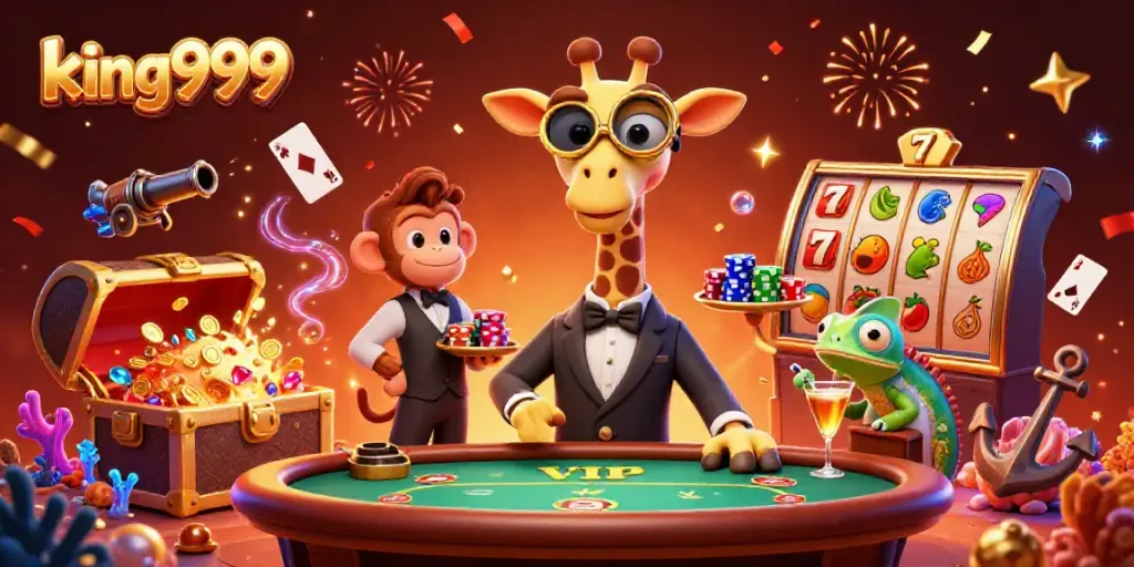 Gambarkan karakter king999 yang sedang menang di meja poker dengan harta karun slot berkilauan.