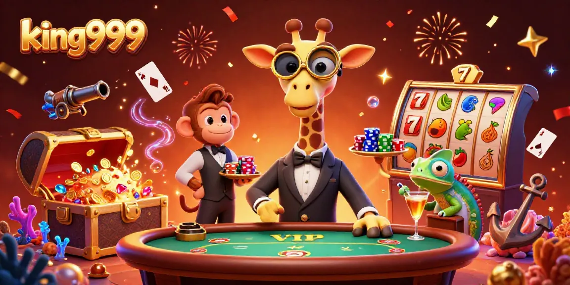 Gambarkan karakter king999 yang sedang menang di meja poker dengan harta karun slot berkilauan.
