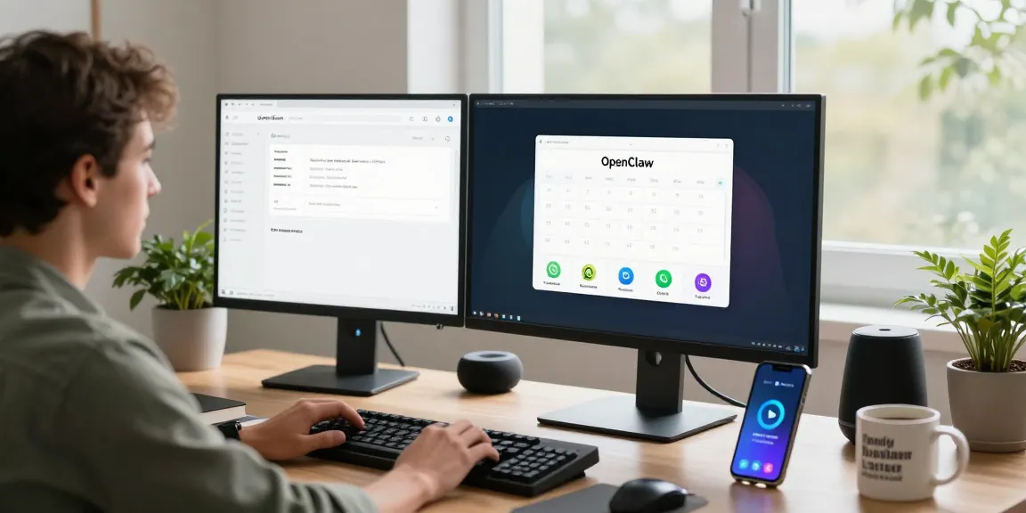 User engaging with OpenClaw personal AI assistant on a desktop in a modern home office.