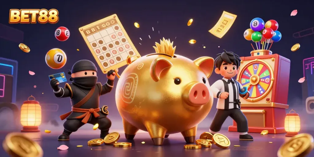 Engage with BET88 as vibrant lottery elements and casino characters bring the gaming thrill to life in a dynamic 3D scene.