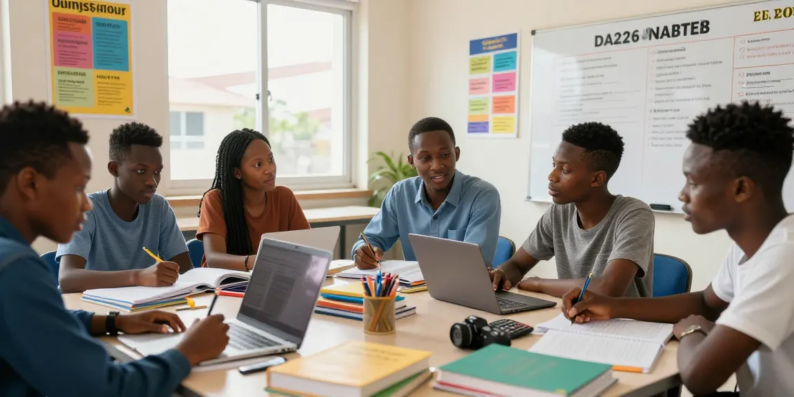 Students collaborating in a vibrant study space for the 2026 NABTEB expo, surrounding textbooks and laptops.