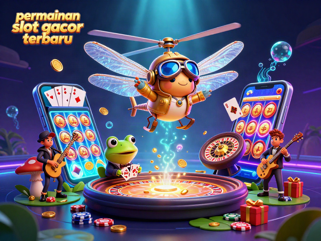 Permainan slot gacor terbaru memberikan kesenangan dengan croupier katak dan pilot helikopter di kasino.