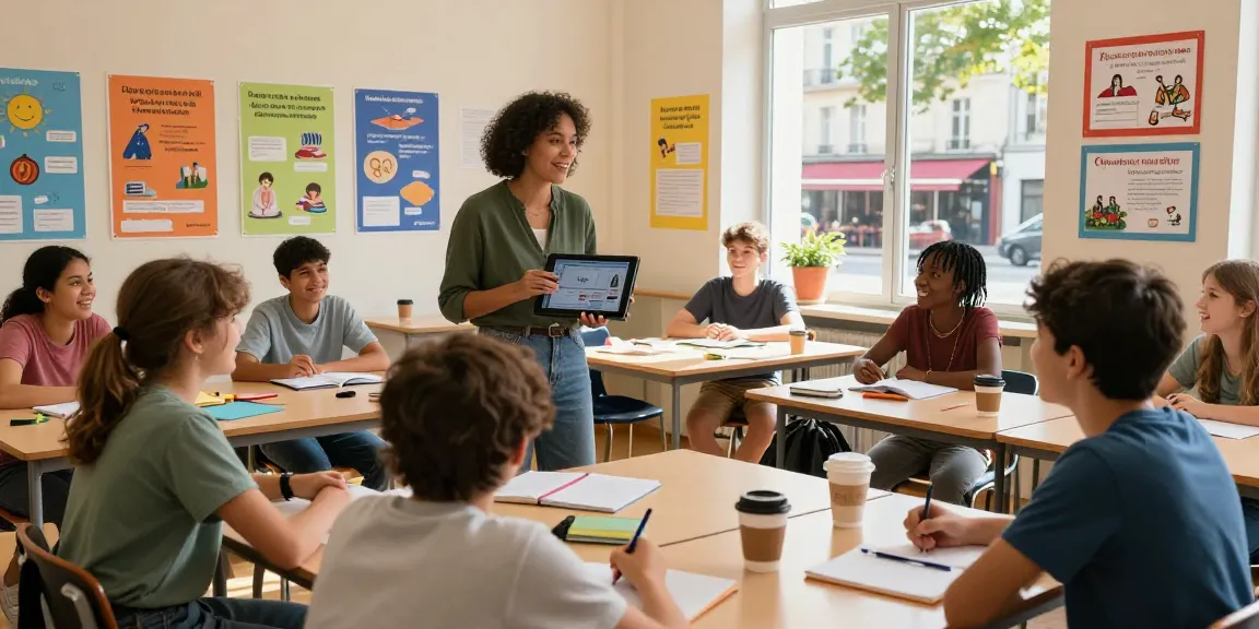Cours de français en France, salle de classe immersive d'apprentissage des langues avec des étudiants divers pratiquant la conversation et interagissant avec l'enseignant.