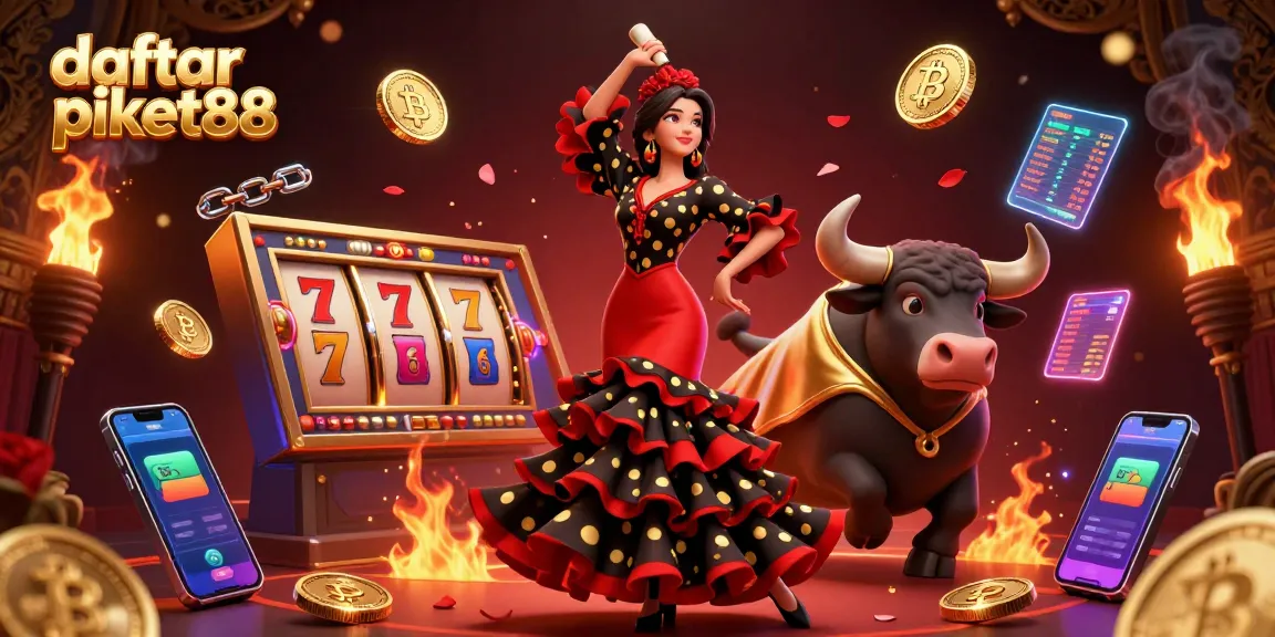 Engage with daftar piket88, featuring exciting slot games, a striking flamenco dancer, and vibrant casino elements.
