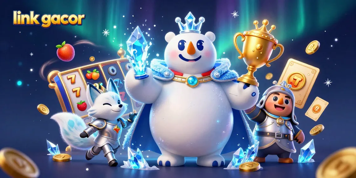 Spin and win at link gacor with a vibrant 3D scene of an ice king polar bear and magical slot game elements.