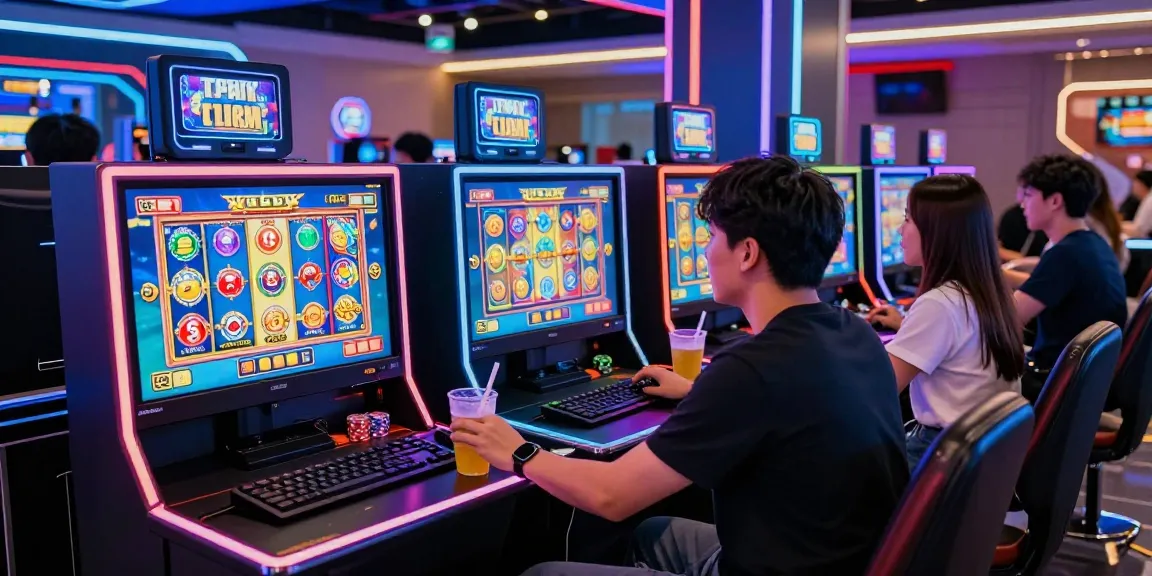Exciting gaming scene featuring players engaged with slot machines on benihtoto link in a vibrant, modern gaming lounge.