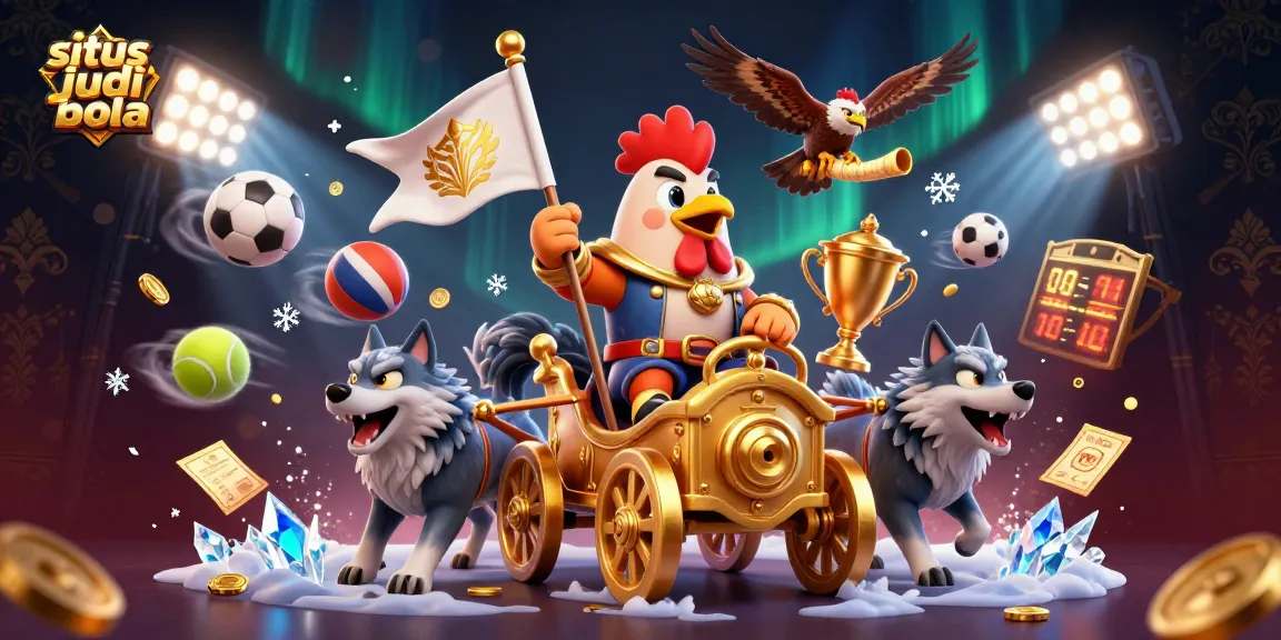 Experience excitement with situs judi bola as dynamic sports balls and trophies fly in action-packed illustration.