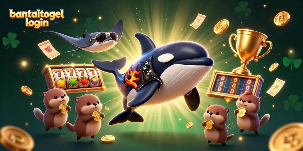 Bantaitogel login showcases an exciting 3D illustration with an orca, stingray, and otters surrounded by slot game elements.