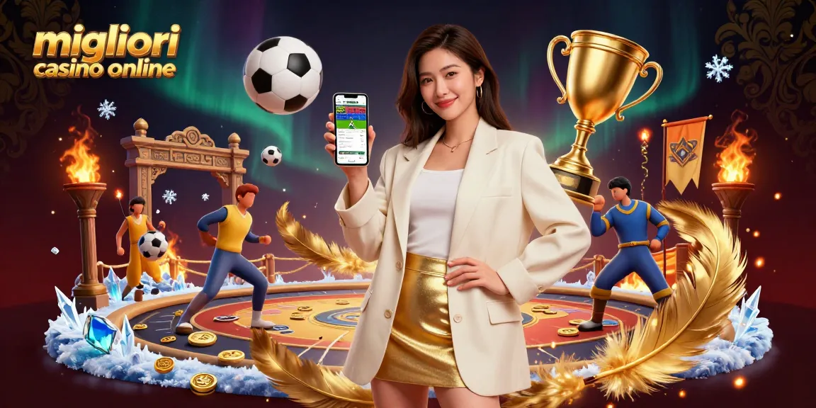 Scena coinvolgente con una donna che mostra i migliori casino online su uno smartphone tra elementi vibranti di casinò.
