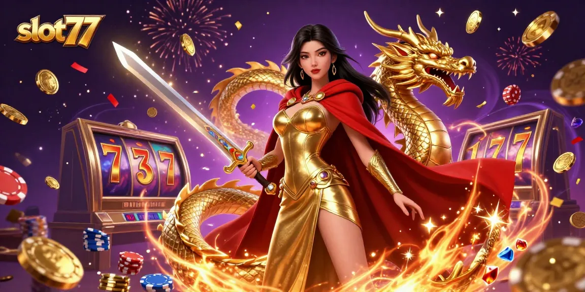 Spin the reels of slot77 as vibrant coins and gems burst forth in a thrilling casino scene.