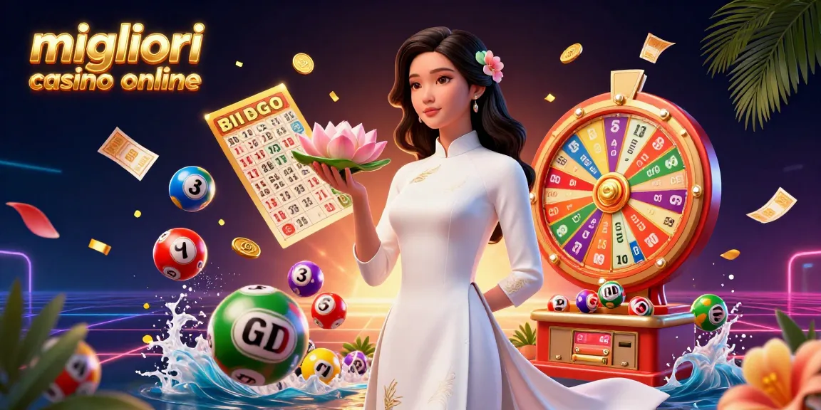 Migliori casino online che mostrano un'elegante donna asiatica con elementi di casinò e l'emozione della lotteria.