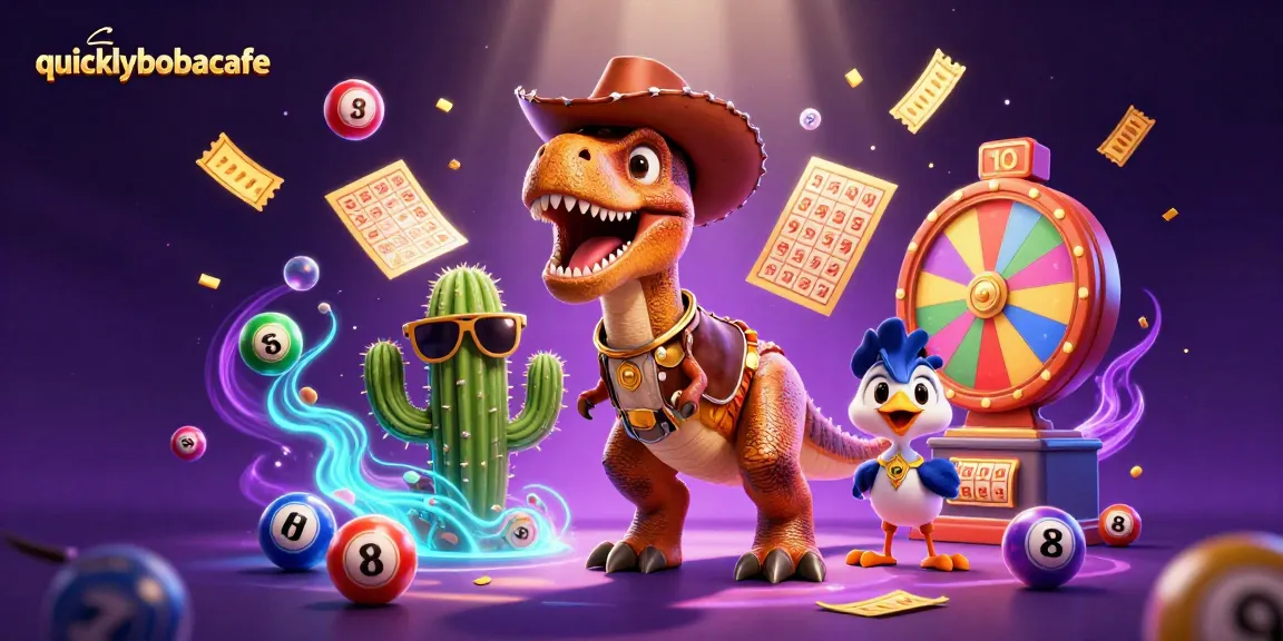 Elevate your gaming experience with quicklybobacafe's vibrant casino scene featuring a T-Rex cowboy and dynamic elements.