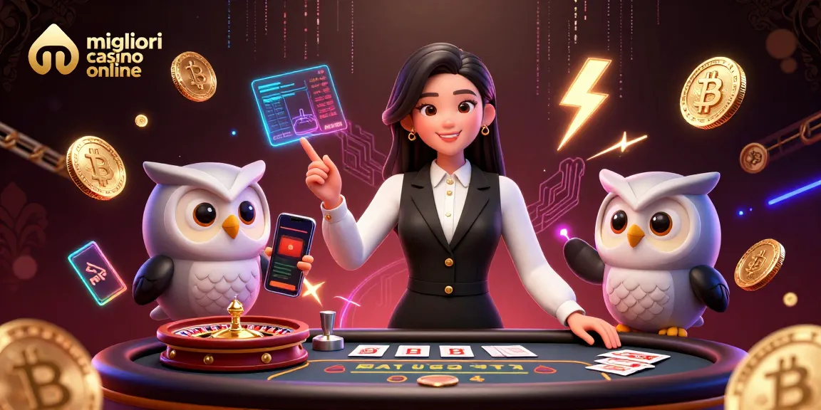Illustrazione coinvolgente dei migliori casino online con dealer ed elementi crypto, che mostrano un'azione di casinò vivace.