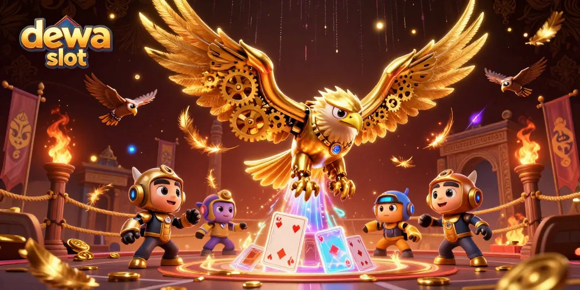 Permainan slot gacor di dewa slot dengan burung elang emas dan kartu holografik yang berputar.